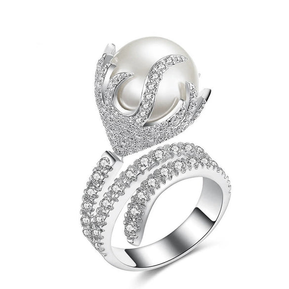 Women's Elegant Geometric Copper Imitation Pearl Diamond Ring Jewelry With Zirconia