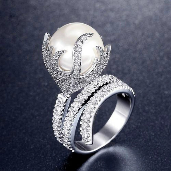 Women's Elegant Geometric Copper Imitation Pearl Diamond Ring Jewelry With Zirconia