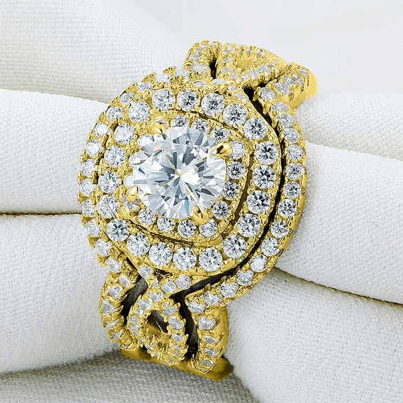 Women's Elegant Geometric Copper Ring Threepiece Set With Zirconia