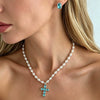 Women's Elegant Geometric Imitation Pearl Beaded Pendant Necklace With Alloy Cross Charm And Lobster Clasp