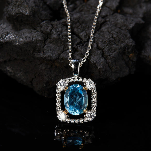 Women's Elegant Geometric Jewelry 925 Sterling Silver Inlaid Natural Topaz Pendant Necklace