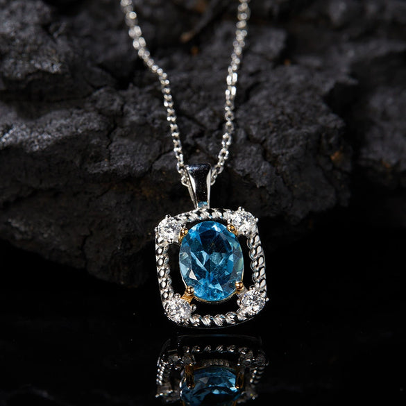 Women's Elegant Geometric Jewelry 925 Sterling Silver Inlaid Natural Topaz Pendant Necklace