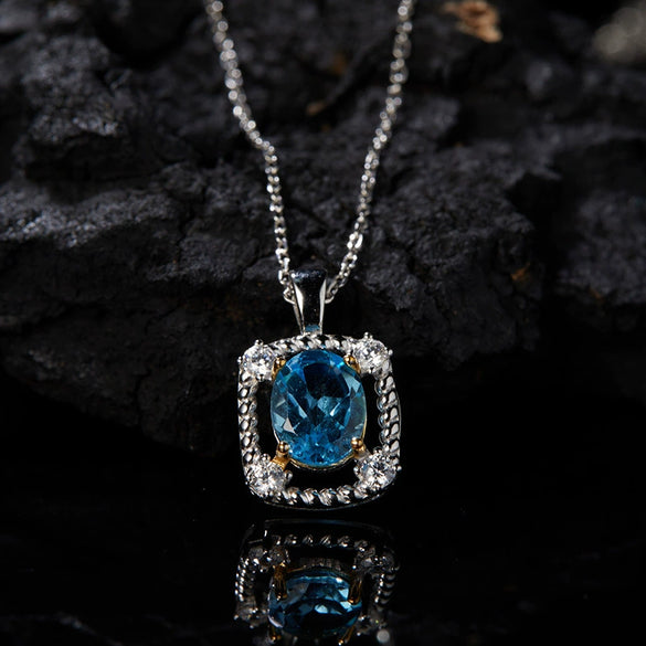 Women's Elegant Geometric Jewelry 925 Sterling Silver Inlaid Natural Topaz Pendant Necklace
