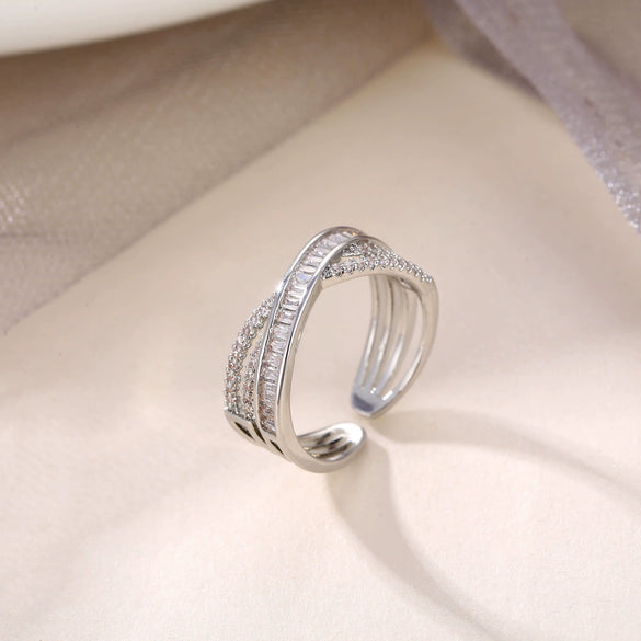 Women's Elegant Geometric Open Zircon Ring Adjustable Mobius Cross Style Fashion Jewelry