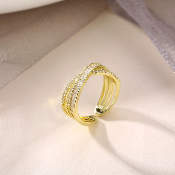 Women's Elegant Geometric Open Zircon Ring Adjustable Mobius Cross Style Fashion Jewelry