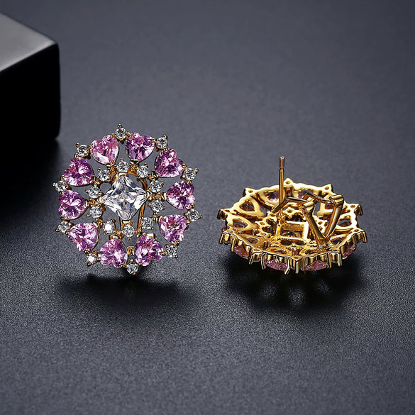 Women's Elegant Heart Shaped Pink Copper Earrings With Zircon Inlay Electroplated Sweet Floral Fashion Jewelry