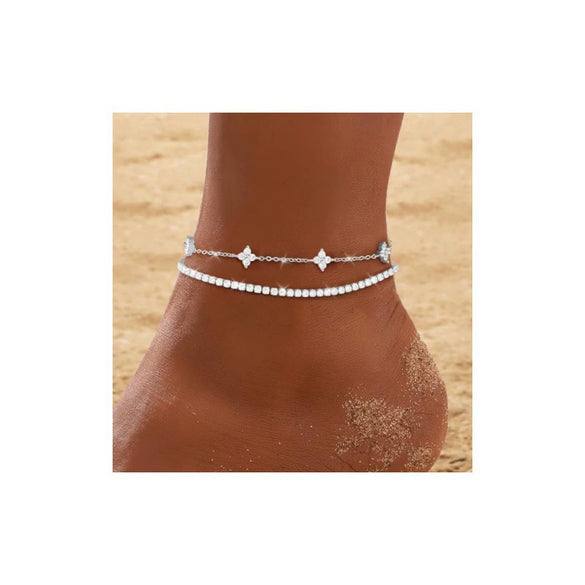 Women's Elegant Light Luxury Copper Four Leaf Clover Double Layer Anklet With Leaf Pattern Foot Jewelry