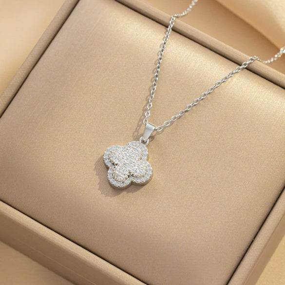 Women's Elegant Light Luxury Full Zirconium Fourleaf Clover Stainless Steel Ochain Pendant Necklace With Geometric Pattern And Titanium Steel Electroplating In Vacuum Furnace
