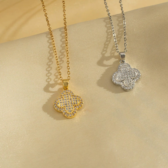 Women's Elegant Light Luxury Full Zirconium Fourleaf Clover Stainless Steel Ochain Pendant Necklace With Geometric Pattern And Titanium Steel Electroplating In Vacuum Furnace