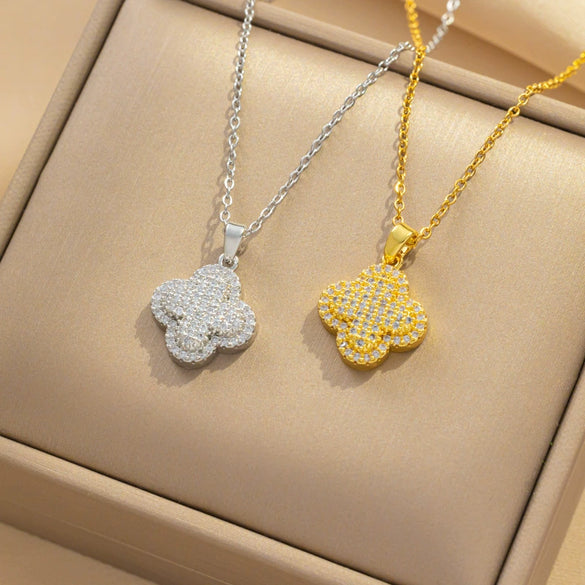 Women's Elegant Light Luxury Full Zirconium Fourleaf Clover Stainless Steel Ochain Pendant Necklace With Geometric Pattern And Titanium Steel Electroplating In Vacuum Furnace