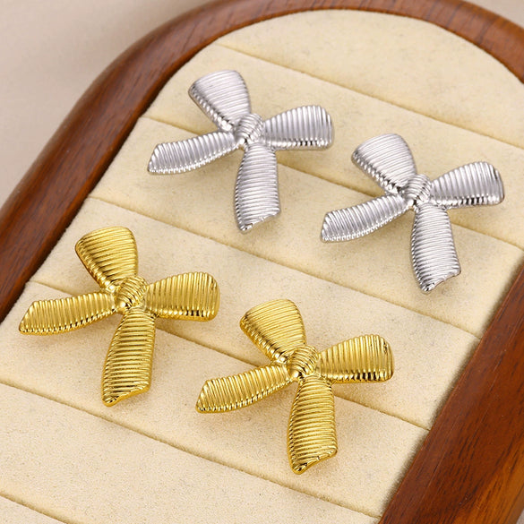 Women's Elegant Light Luxury Titanium Steel Earrings With Bow Pattern And 18K Gold Plated Electroplating Design