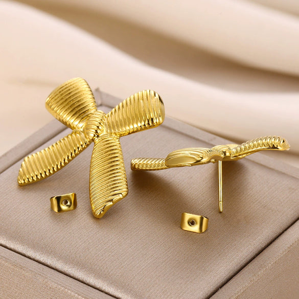 Women's Elegant Light Luxury Titanium Steel Earrings With Bow Pattern And 18K Gold Plated Electroplating Design