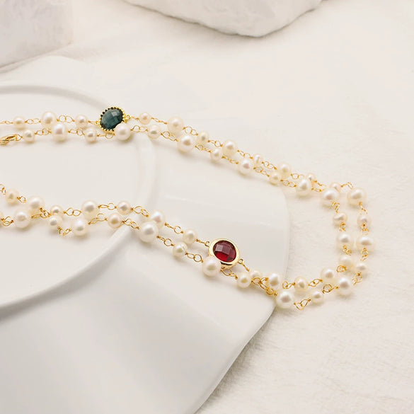 Women's Elegant Natural Pearl Long Pendant Necklace With Geometric Plaid Pattern And Bamboo Chain 18K Real Gold Electroplated