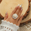 Women's Elegant Open Alloy Ring With Pearl And Diamond Flower Design Simple Retro Style Adjustable Statement Ring