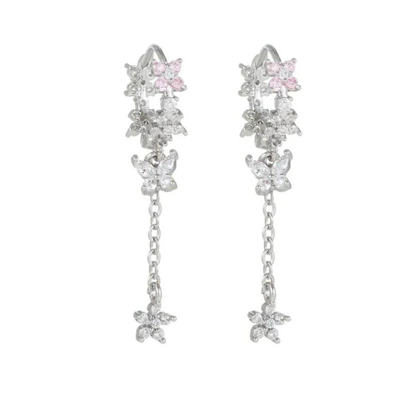 Women's Elegant Silver Needle And Copper Butterfly Flower Tassel Earrings With Zircon Electroplated Geometric Dangle Design