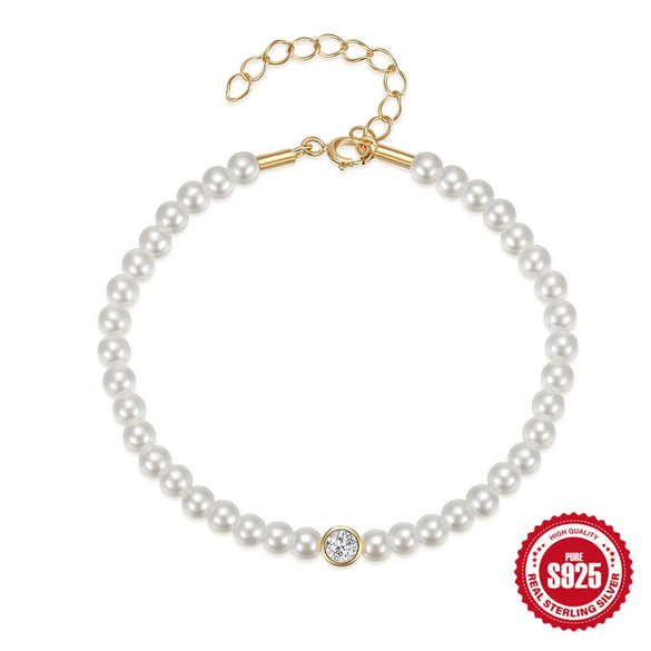 Women's Elegant Simple Daily All Match 925 Sterling Silver Pearl Diamond Spacer Bracelet With Geometric Pattern And Pearl Inlaid