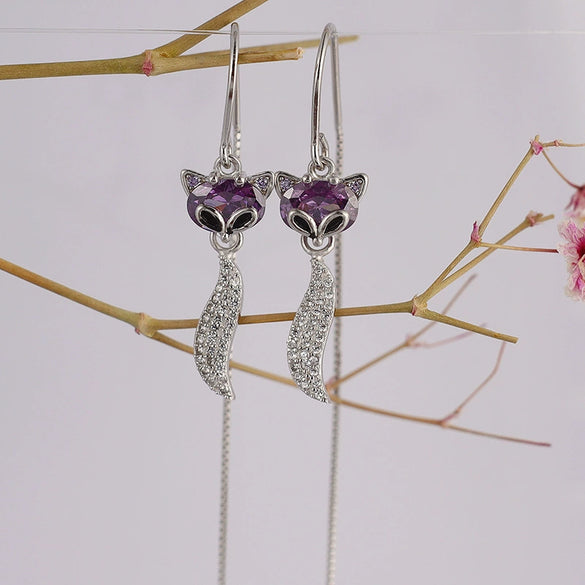 Women's Elegant Sterling Silver Fox Ear Line Earrings With Long Tassel Animal Design Light Luxury Style