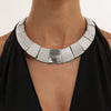 Women's Exaggerated Geometric Alloy Choker Necklace With Wide Glossy Collar Design And Patchwork Metal Panels