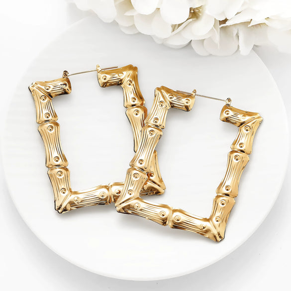 Women's Exaggerated Geometric Bamboo Hoop Earrings Electroplated Gold Tone Plastic Resin Circle Earrings