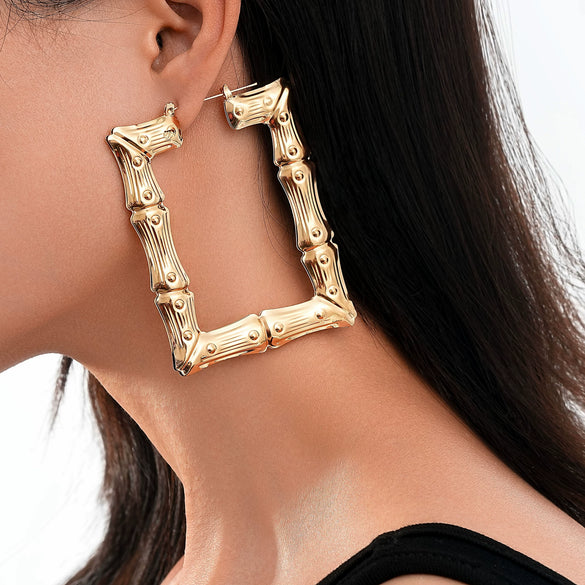 Women's Exaggerated Geometric Bamboo Hoop Earrings Electroplated Gold Tone Plastic Resin Circle Earrings