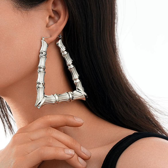Women's Exaggerated Geometric Bamboo Hoop Earrings Electroplated Gold Tone Plastic Resin Circle Earrings