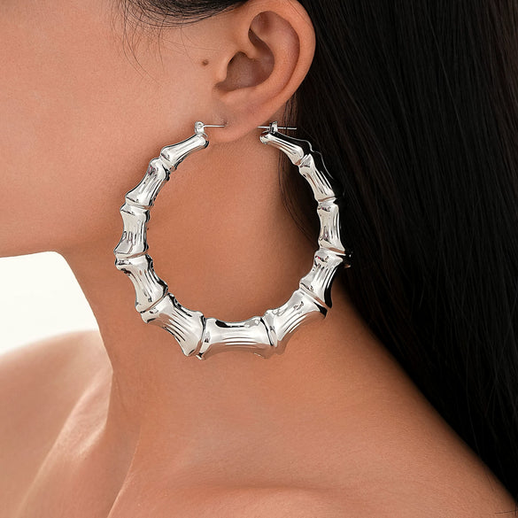 Women's Exaggerated Geometric Bamboo Hoop Earrings Electroplated Gold Tone Plastic Resin Circle Earrings