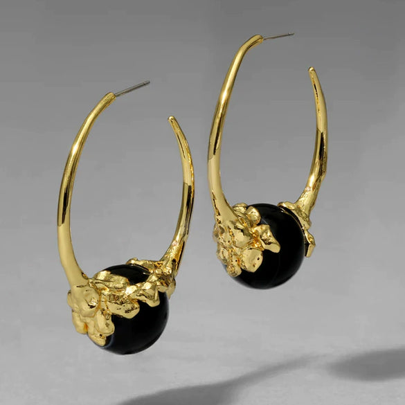 Women's Exaggerated Geometric Hoop Earrings With Black Agate And Real Gold Plated Copper Retro Fashion Jewelry