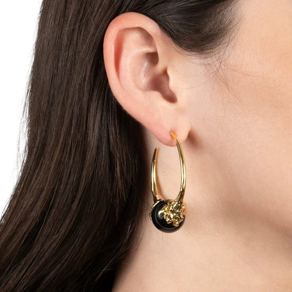 Women's Exaggerated Geometric Hoop Earrings With Black Agate And Real Gold Plated Copper Retro Fashion Jewelry