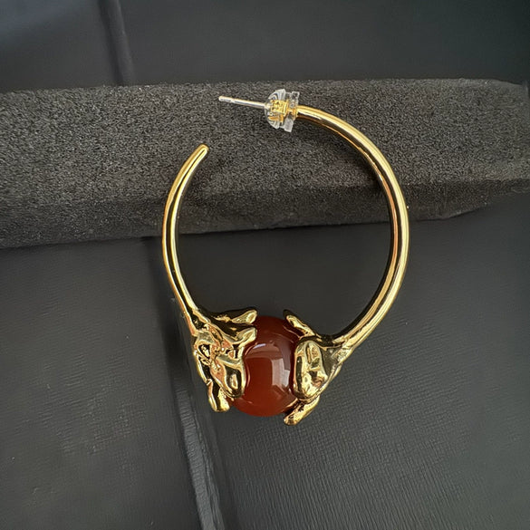 Women's Exaggerated Geometric Hoop Earrings With Black Agate And Real Gold Plated Copper Retro Fashion Jewelry