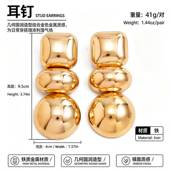 Women's Exaggerated Geometric Metal Drop Earrings With Glossy Plated Finish Mixed Shape Spliced Design And Stainless Steel Ear Pins