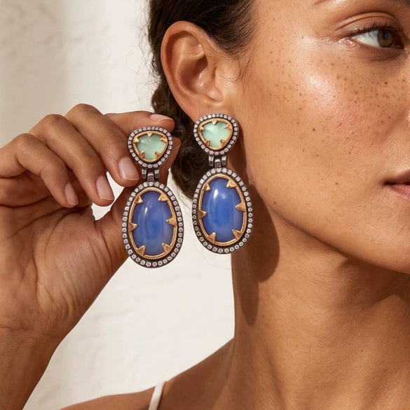 Women's Exaggerated Geometric Resin And Alloy Earrings With Rhinestone Detailing And Electroplated Metallic Finish