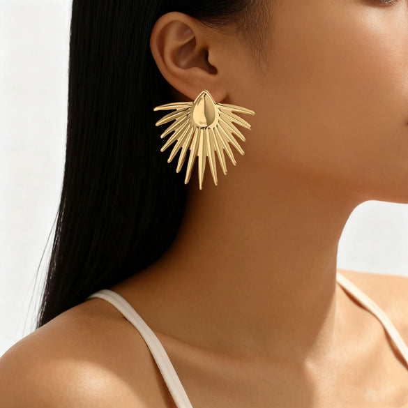Women's Exaggerated Geometric Ring Earrings With Irregular Iron Design And Electroplated Finish
