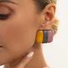 Women's Exaggerated Geometric Square Color Block Stud Earrings With Black Resin Gemstone Accents Retro Electroplated Zinc Alloy Design And Steel Posts