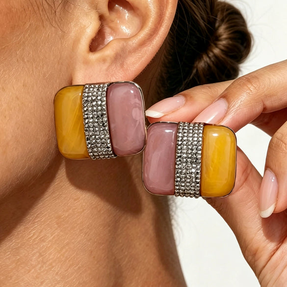 Women's Exaggerated Geometric Square Color Block Stud Earrings With Black Resin Gemstone Accents Retro Electroplated Zinc Alloy Design And Steel Posts