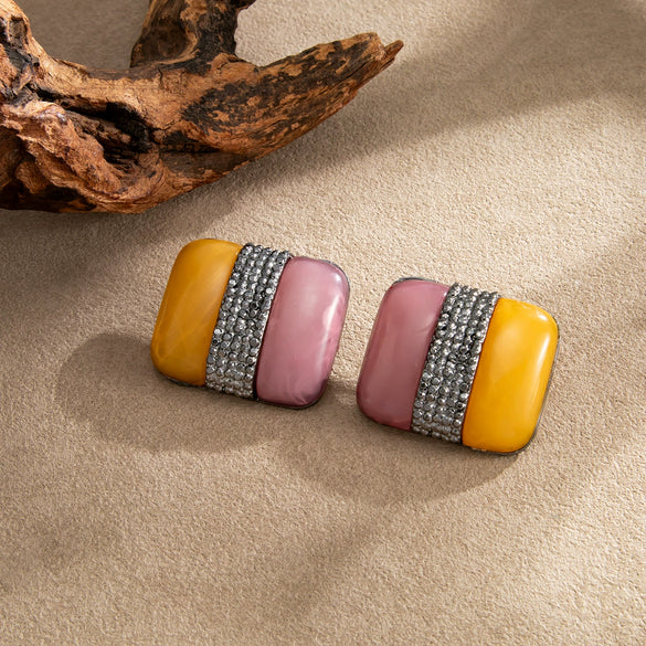 Women's Exaggerated Geometric Square Color Block Stud Earrings With Black Resin Gemstone Accents Retro Electroplated Zinc Alloy Design And Steel Posts