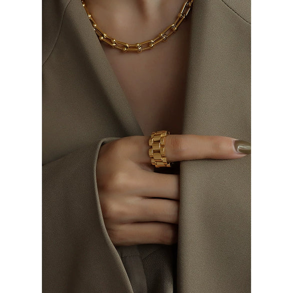 Women's Exaggerated Geometric Textured Handmade Titanium Steel Ring With Electroplated Heavy Craft Fashion Finger Jewelry