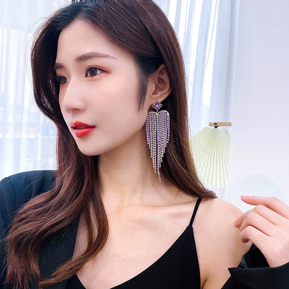 Women's Exaggerated Heart Tassel Earrings Elegant Long Silver Pin Zircon Inlaid Environmental Copper Dress Earrings