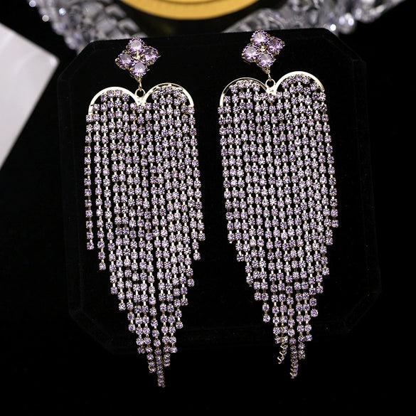 Women's Exaggerated Heart Tassel Earrings Elegant Long Silver Pin Zircon Inlaid Environmental Copper Dress Earrings