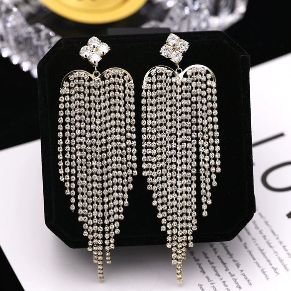 Women's Exaggerated Heart Tassel Earrings Elegant Long Silver Pin Zircon Inlaid Environmental Copper Dress Earrings
