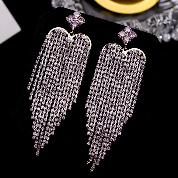 Women's Exaggerated Heart Tassel Earrings Elegant Long Silver Pin Zircon Inlaid Environmental Copper Dress Earrings