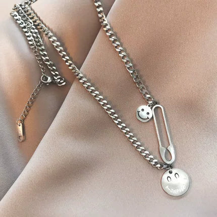 Women's Exaggerated Hip Hop Style Smiley Face Titanium Steel Multi Element Combination Sweater Chain Necklace With Geometric Design