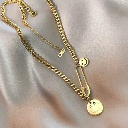 Women's Exaggerated Hip Hop Style Smiley Face Titanium Steel Multi Element Combination Sweater Chain Necklace With Geometric Design
