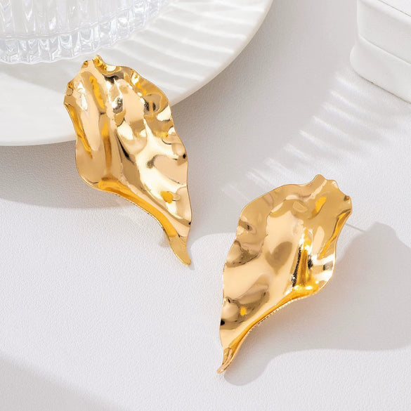 Women's Exaggerated Pleated Metal Leaf Flower Earrings With Irregular Wave Shape Shiny Electroplated Finish And Stainless Steel Ear Posts
