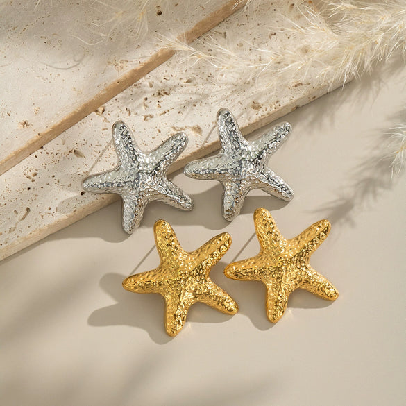 Women's Exaggerated Starfish Pentagram Frosted Stud Earrings In Titanium Steel And Stainless Steel With Electroplating Animal Zodiac Design