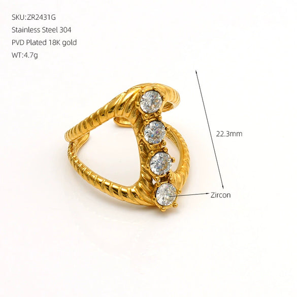 Women's Exaggerated Vintage Textured Stainless Steel Ring With Zircon Inlay And Vacuumfinished Design