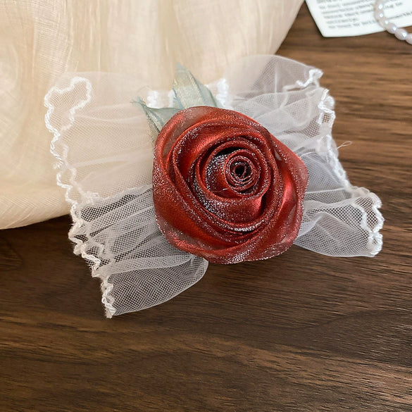 Women's Fabric Mesh Lace Handmade Rose Flower Wrist Bracelet High End Simple Elegant