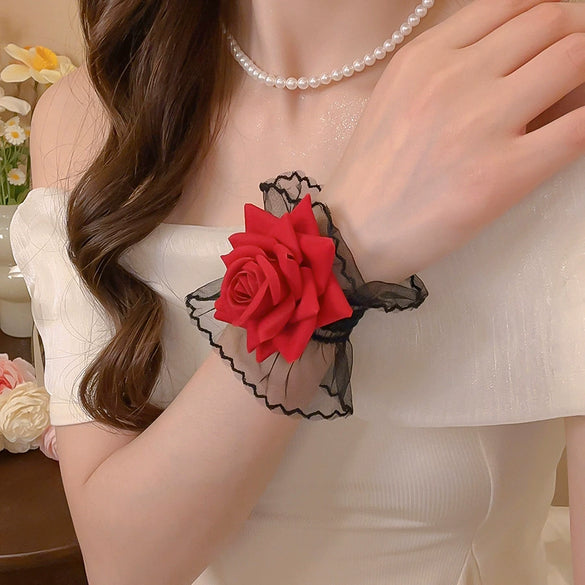 Women's Fabric Mesh Lace Handmade Rose Flower Wrist Bracelet High End Simple Elegant