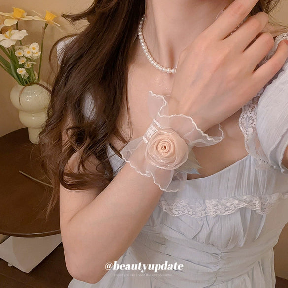 Women's Fabric Mesh Lace Handmade Rose Flower Wrist Bracelet High End Simple Elegant