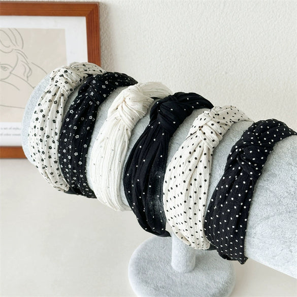 Women's Fabric Widebrimmed Black And White Polka Dot Small Floral Handmade Hairband