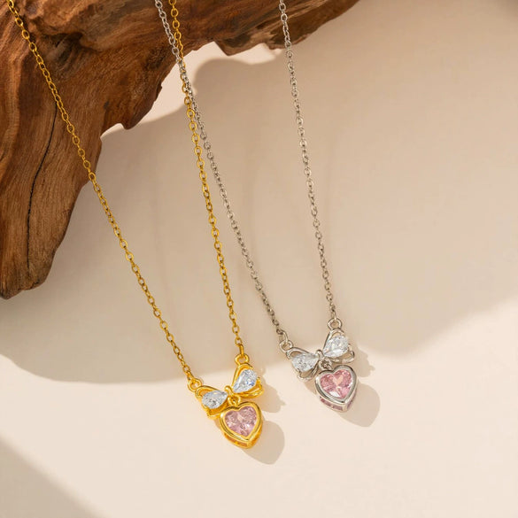 Women's Fairy Style Bow And Heart Necklace With Zircon Inlaid Copper Pendant On Titanium Steel O Chain Electroplated Sweet Pink Clavicle Chain